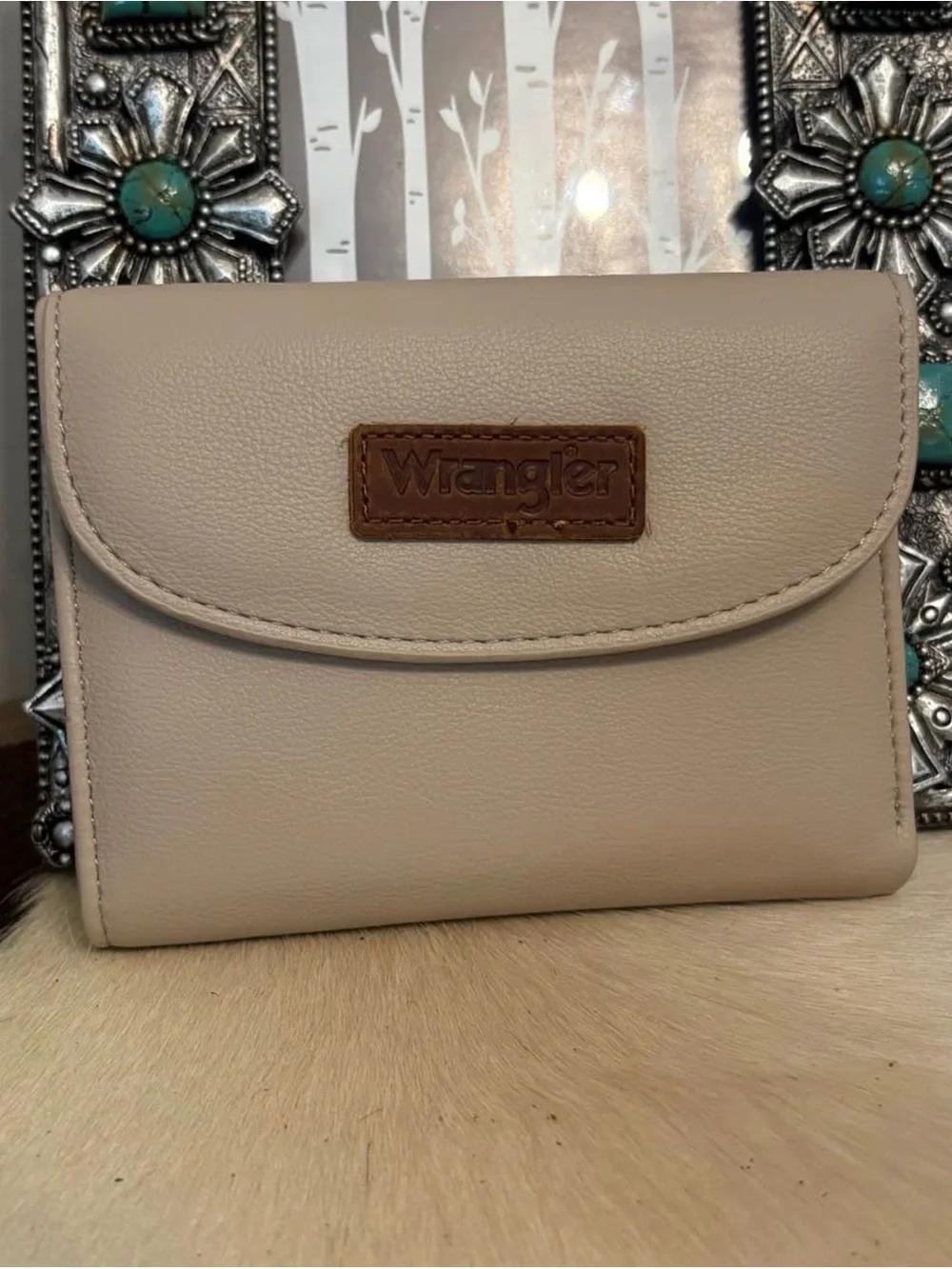 Wrangler Beige Faux Leather Crossbody Wallet with Brown Logo Patch